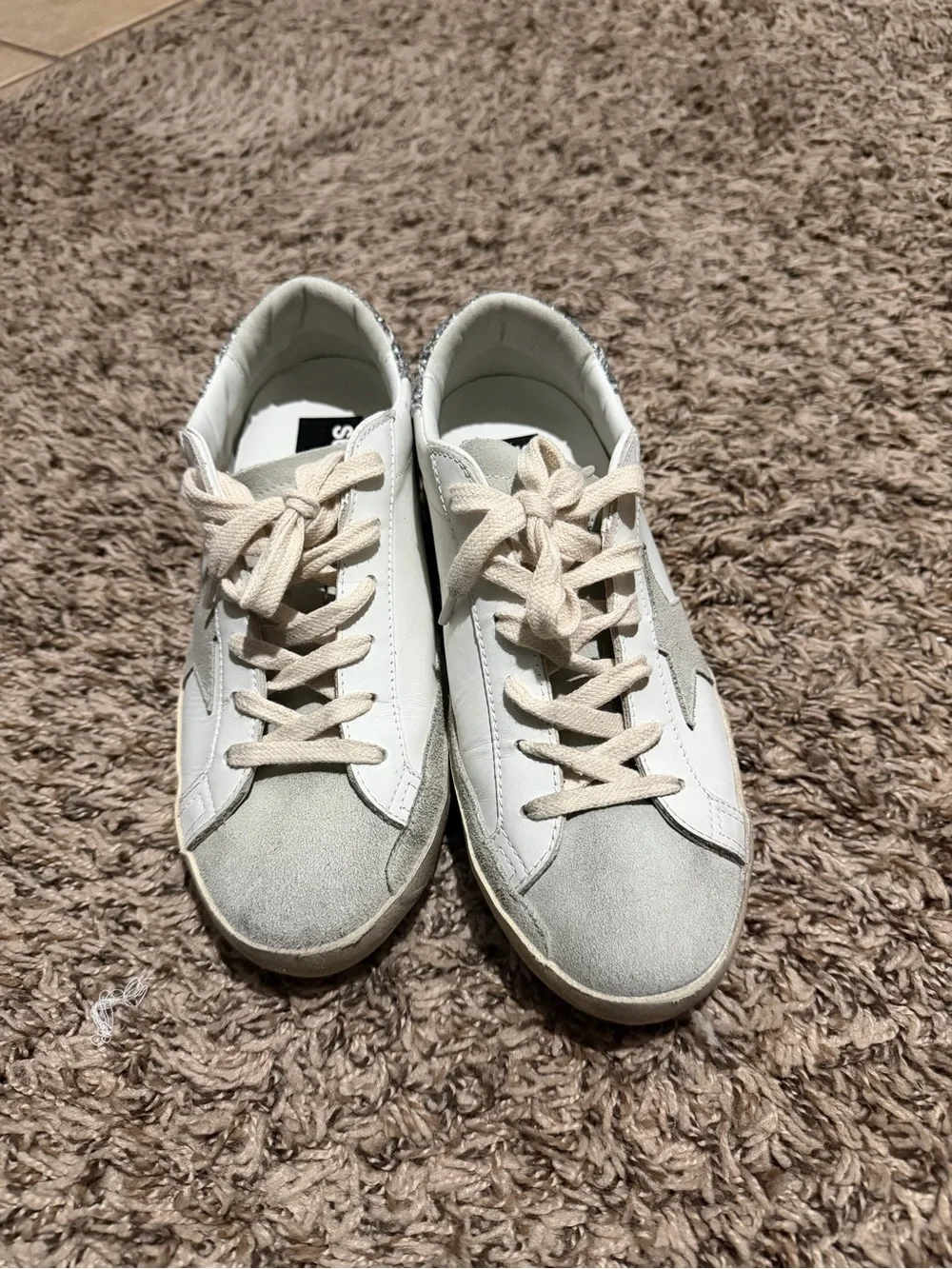 Golden Goose White Leather Sneakers with Gray Star and Silver Glitter Heel - Picture 2 of 5